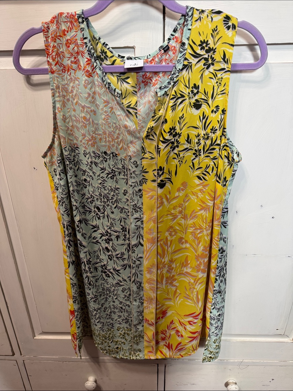 CAbi Yellow and Mint Floral Patchwork Sleeveless Top